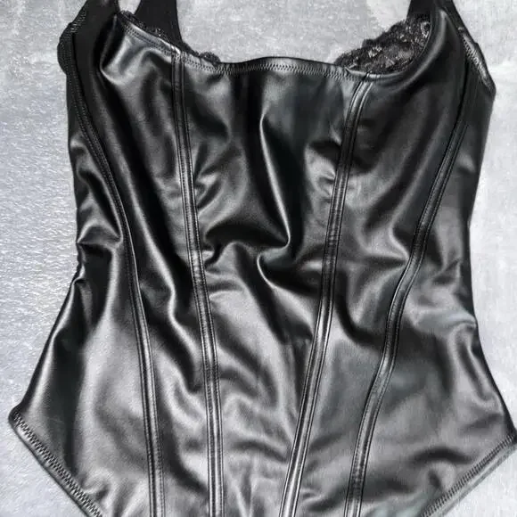 Popilush Faux Leather Lace Shapewear Bodysuit Tummy Control Thong Underwire Sz M - Picture 2 of 10